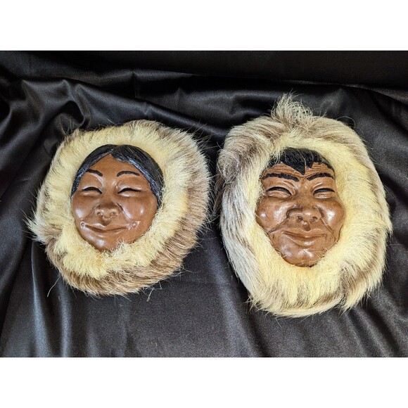 Two (2) 1950s Native Alaskan Plaque Faces Man Woman by Lonnie H Temple Handmade - Picture 1 of 7
